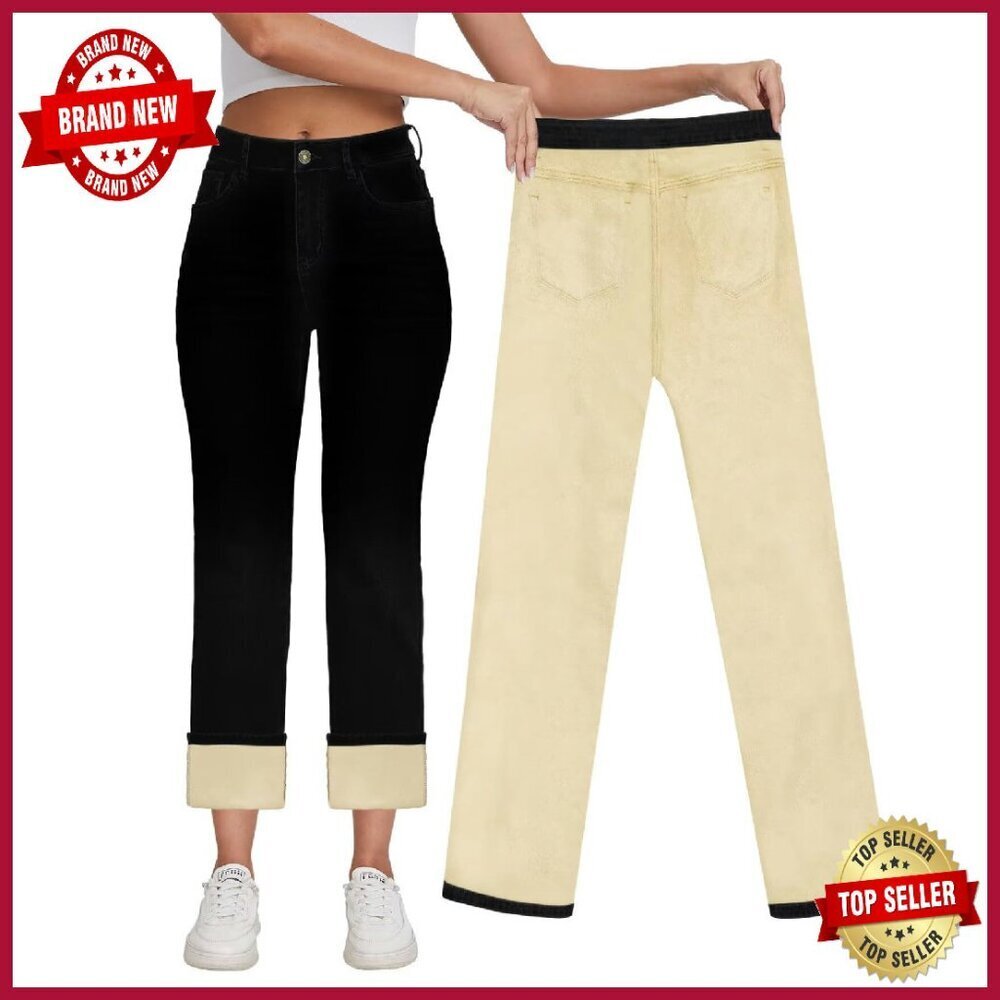 Women's Fleece Lined Jeans High Waisted Straight Leg Winter Warm